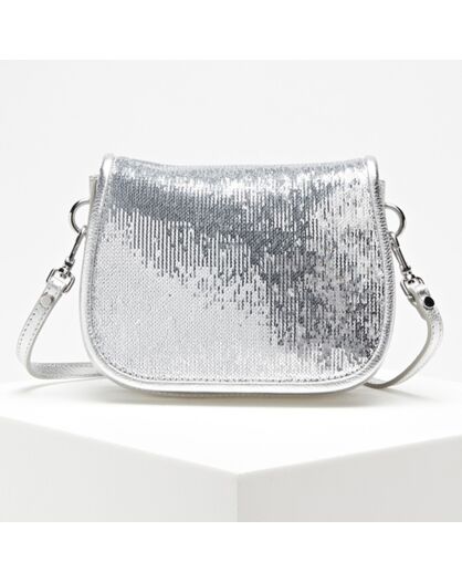 Petit sac bandoulière  en Cuir sequins  Mini Florence argenté - 19x14x7 cm